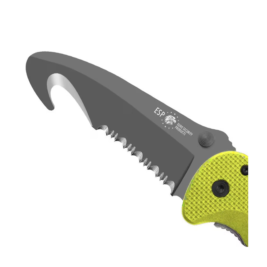 ESP pelastusveitsi rescue knife laskinrikkojalla ja vyöleikkurilla, terä avattuna