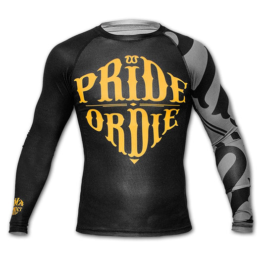 Pride or die rackless rash guard musta-keltainen logo edessä