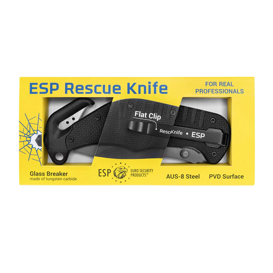 ESP rescue knife pelastisveitsi turvavyöleikkurilla ja lasinsärkijällä. Kuvassa veitsi pakkauksineen