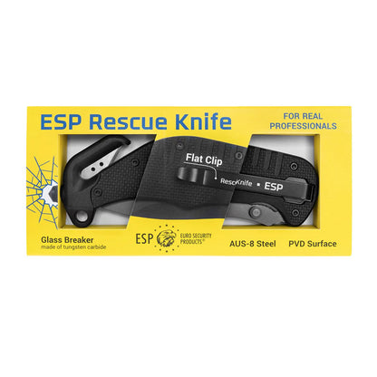 ESP rescue knife pelastisveitsi turvavyöleikkurilla ja lasinsärkijällä. Kuvassa veitsi pakkauksineen