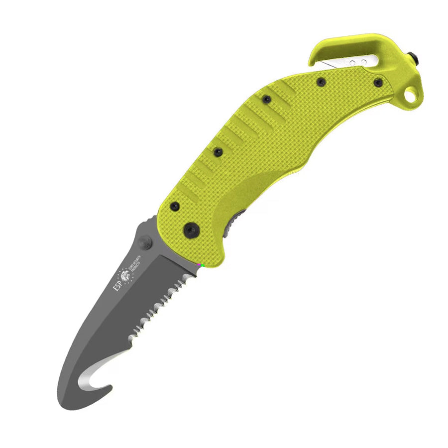 ESP pelastusveitsi rescue knife laskinrikkojalla ja vyöleikkurilla kuvattu avattuna