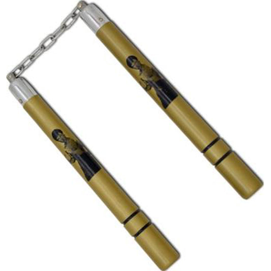 Kovapuusta valmistetut lujia iskuja kestävät&nbsp; kullan väriset nunchaku-kapulat. Kuulalaakeroidut ja hitsatut ketjulenkit legendaarisella Bruce Leen kuvalla varustettuna. Kuvassa nuncha kepit ketju tiukkana