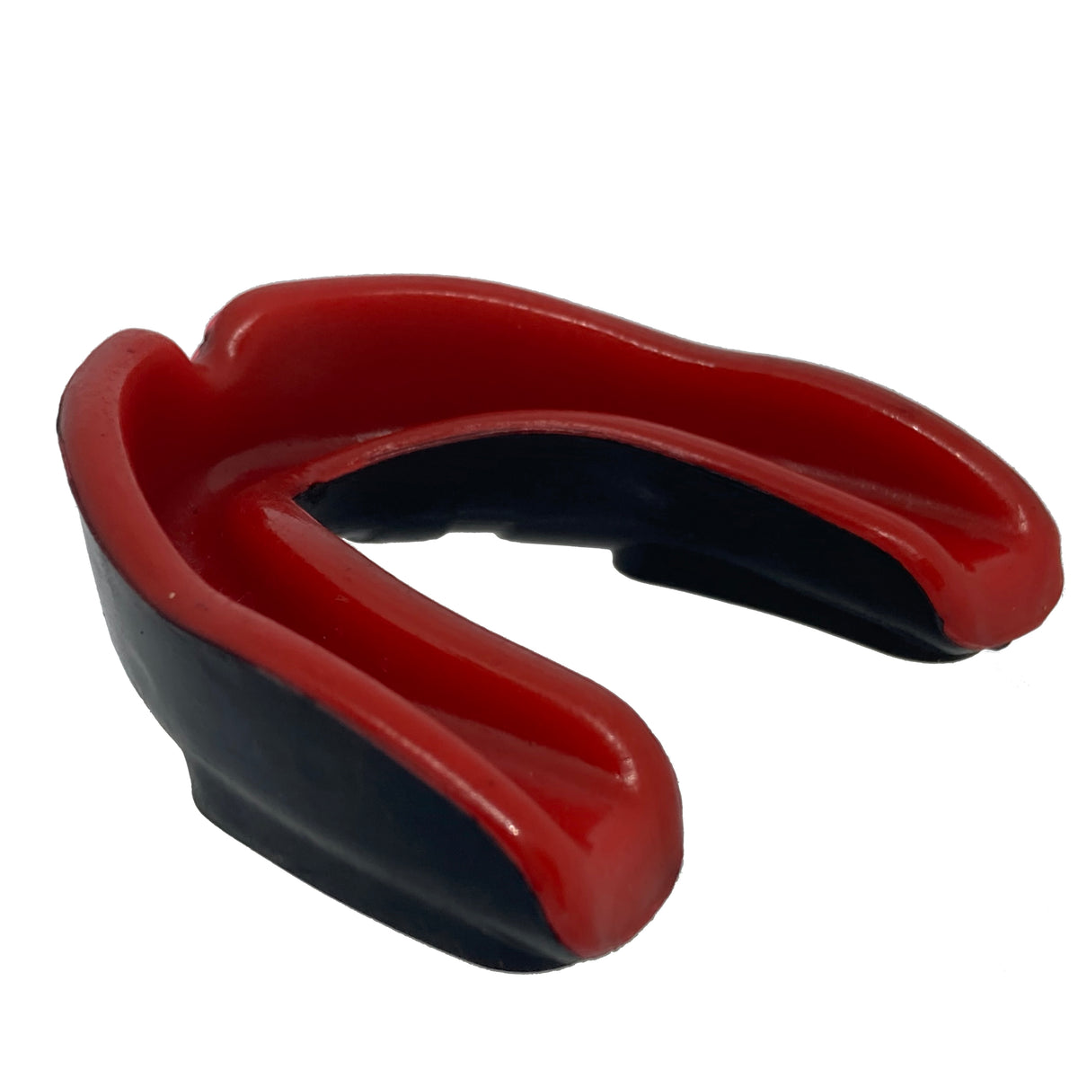 Rurik Kveldulf hammassuojat puna-musta väritys mouth guard. Kuvassa yläviistoon kuvattu punainen ja musta hammassuoja.