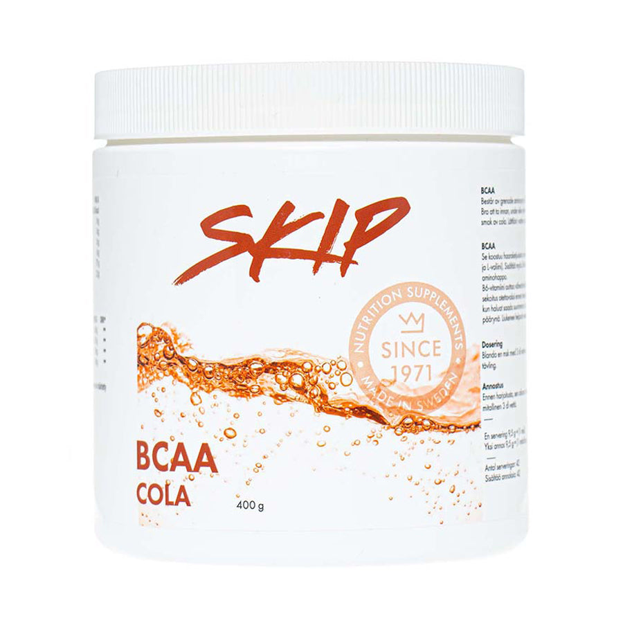 Skip BCAA Cola. Kolanmakuinen palautusjuomajauhe treenien aikaan tai sen jälkeen nautittavaksi. Koko 400 g 42 juoma-annosta