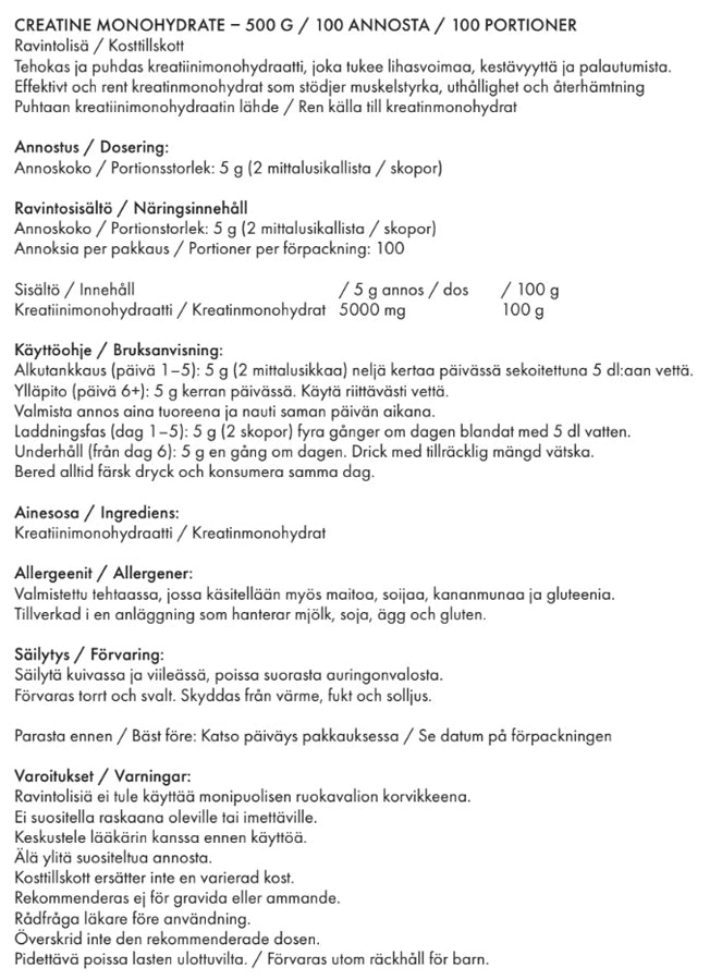 All Sports Labs CREATINE MONOHYDRATE  Ravintolisä. Tehokas ja puhdas kreatiinimonohydraatti, joka tukee lihasvoimaa, kestävyyttä ja palautumista. Kuvassa tuotteen ravintosisältö ja käyttöohje. ptcombet.com