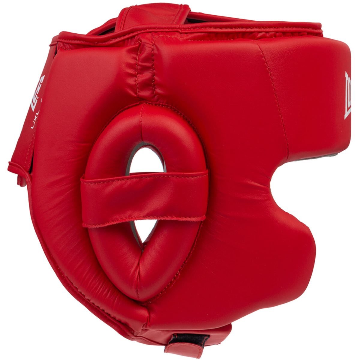 Lonsdale Stanford nyrkkeilykypärä  punainen kuvattu edestä. Lonsdalen valkoinen logo otsassa. Boxing helmet headgear kuvattu siuvusta