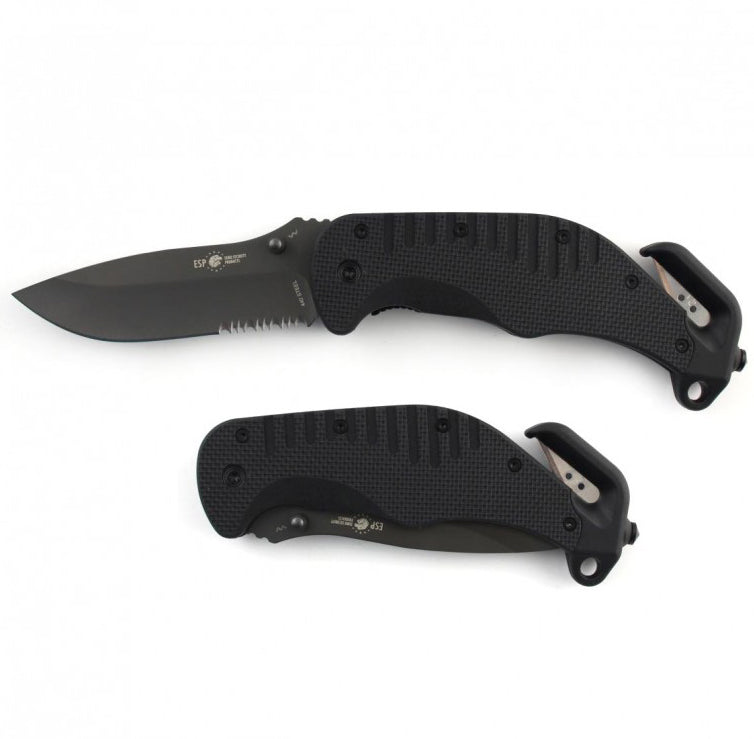 ESP rescue knife pelastisveitsi turvavyöleikkurilla ja lasinsärkijällä sekä sahalaitaisella käännettävällä. Kuvassa veitsi auki ja kiinni.