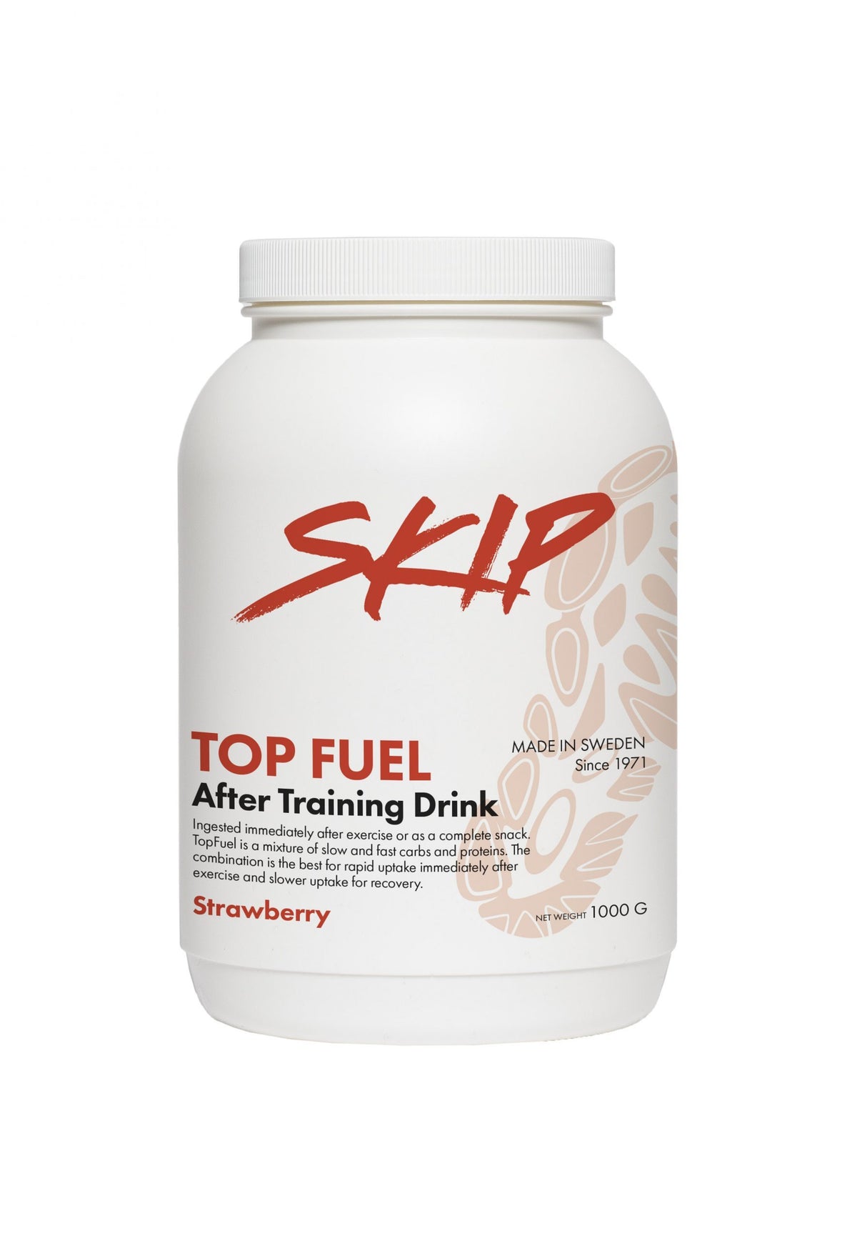 SKIP Top Fuel on huippulaatuinen, helposti nesteeseen imeytyvä ja hyvin imeytyvä palautusjuoma treenien  jälkeen. Kuvassa skip top fuel after training drink purkki.