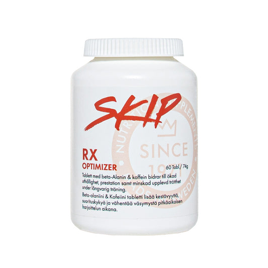 SKIP RX Optimizer, erinomaisen kätevä tablettimuotoinen treeniboosteri!  Kuvassa purkki.
